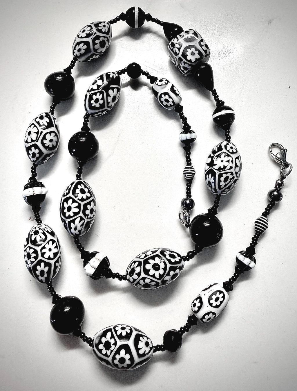 Rosario Leonardi Black White Murano Glass Necklace, Custom Ercole Moretti Beads