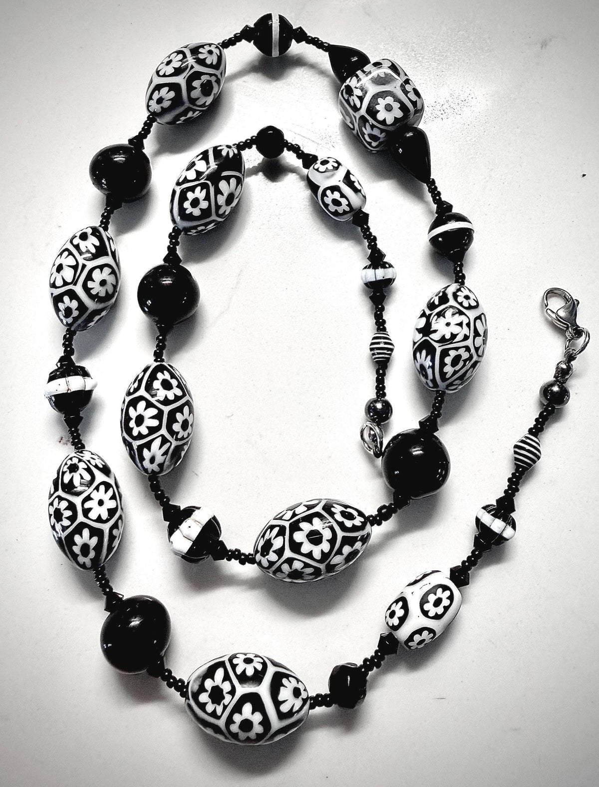 Rosario Leonardi Black White Murano Glass Necklace, Custom Ercole Moretti Beads