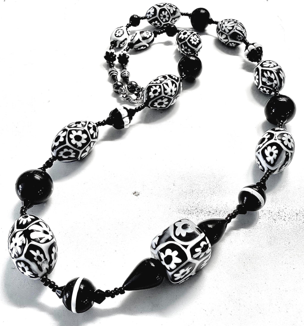 Rosario Leonardi Black White Murano Glass Necklace, Custom Ercole Moretti Beads