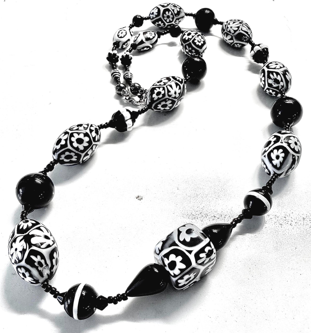 Rosario Leonardi Black White Murano Glass Necklace, Custom Ercole Moretti Beads