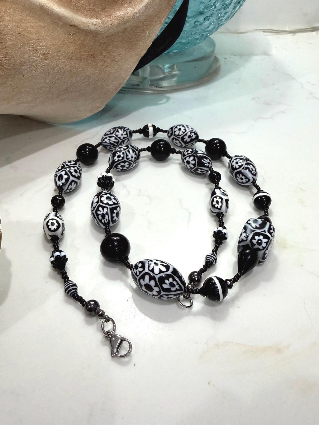 Rosario Leonardi Black White Murano Glass Necklace, Custom Ercole Moretti Beads
