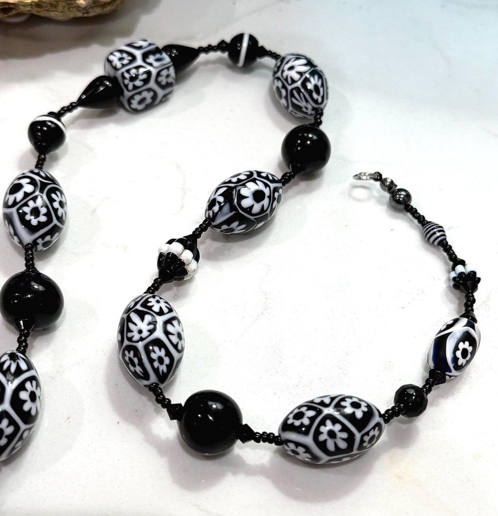 Rosario Leonardi Black White Murano Glass Necklace, Custom Ercole Moretti Beads