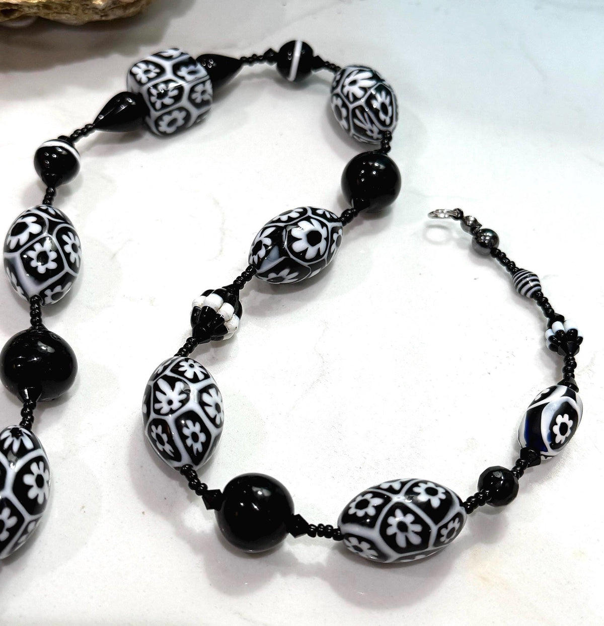 Rosario Leonardi Black White Murano Glass Necklace, Custom Ercole Moretti Beads