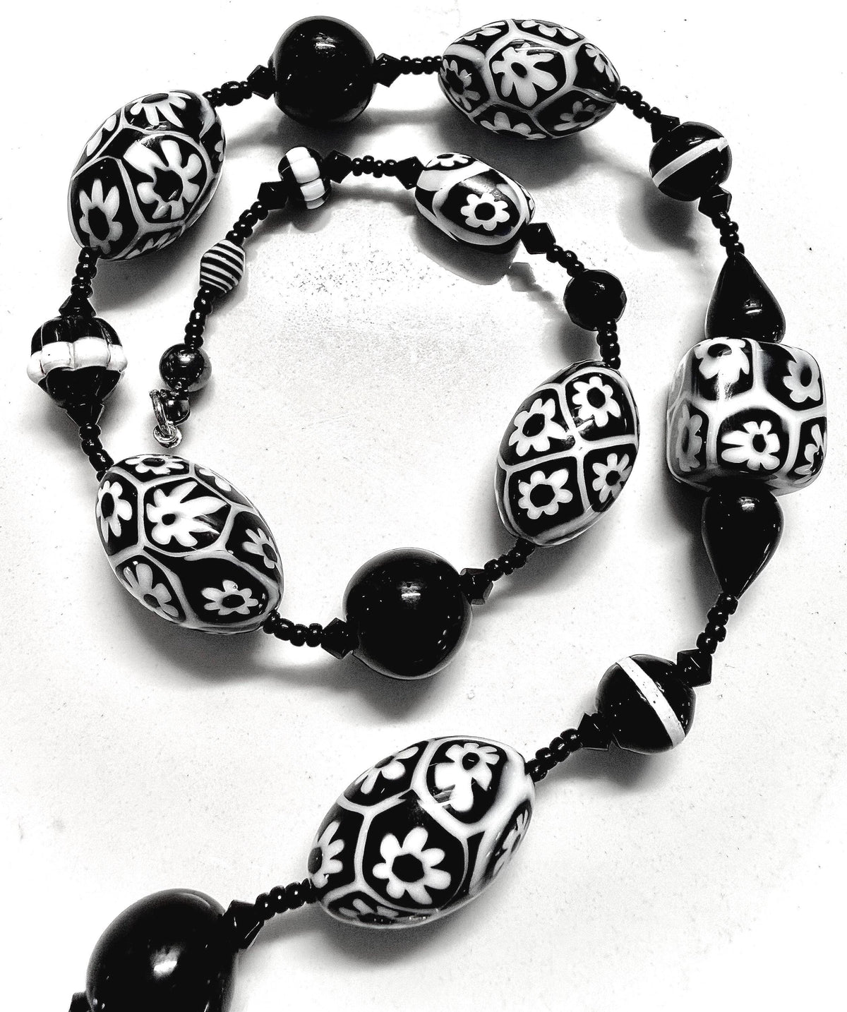 Rosario Leonardi Black White Murano Glass Necklace, Custom Ercole Moretti Beads