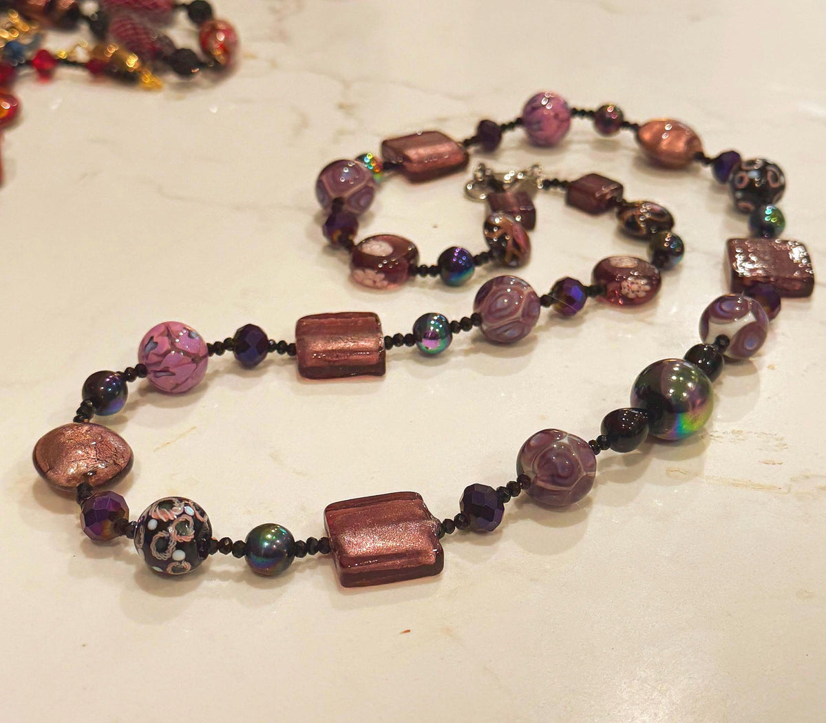 Rosario Leonardi Murano Glass Necklace: Iridescent Lavender, Pink Special Order Beads