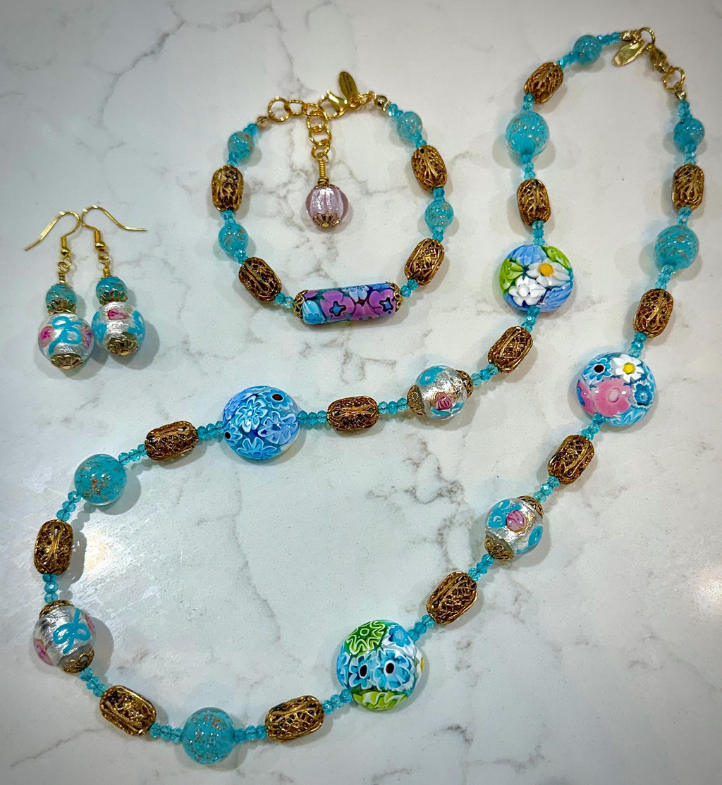 Rosario Leonardi Pastel Necklace Set  Featuring Ercole Moretti Murano Millefiori Glass Beads