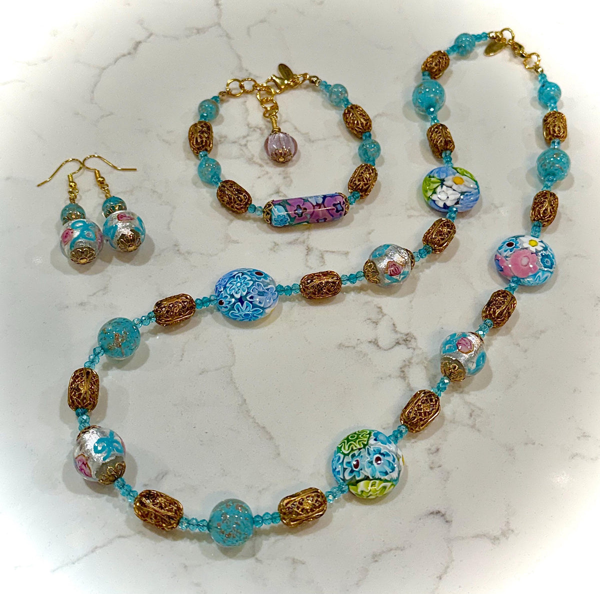 Rosario Leonardi Pastel Necklace Set  Featuring Ercole Moretti Murano Millefiori Glass Beads
