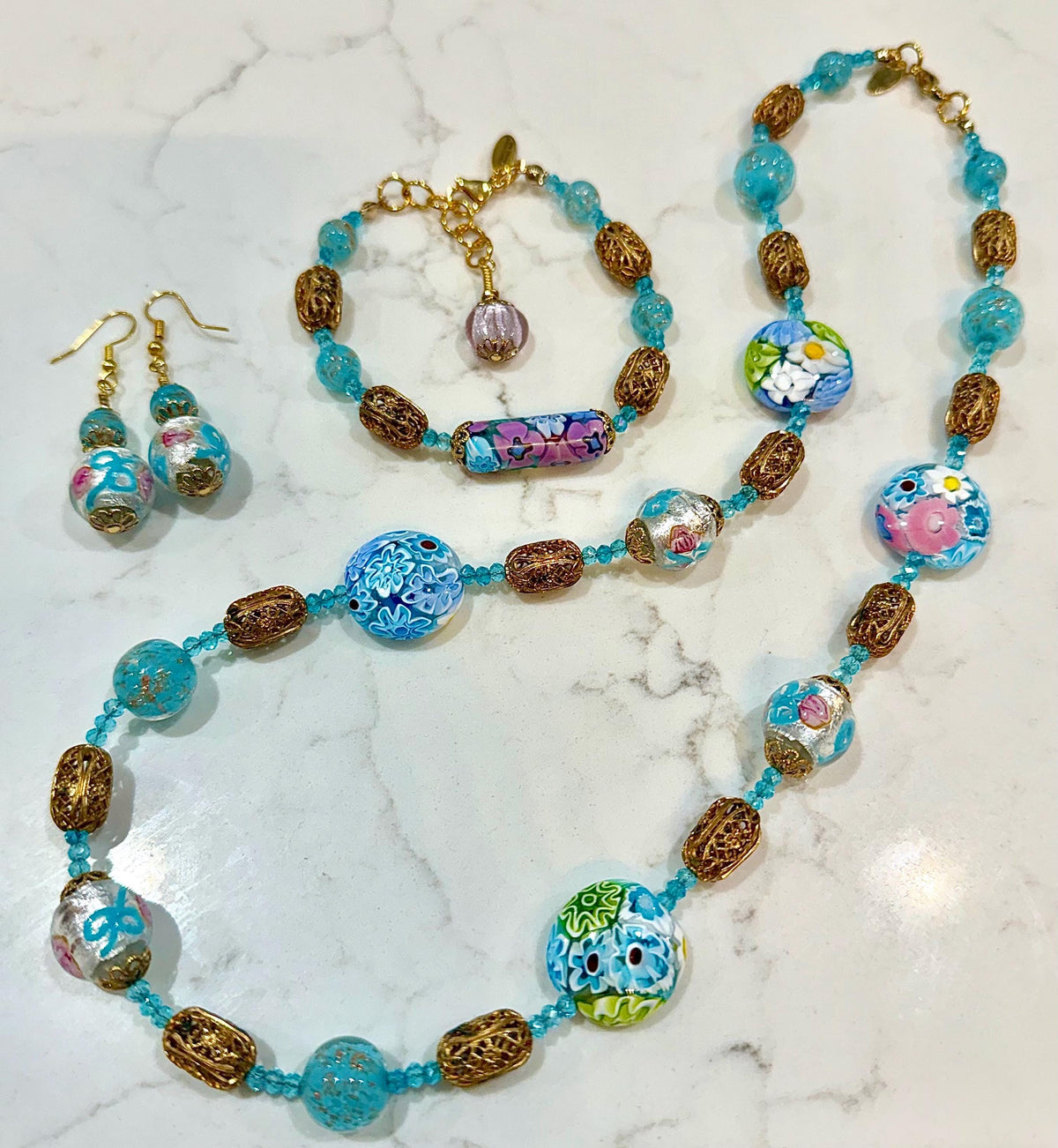 Rosario Leonardi Pastel Necklace Set  Featuring Ercole Moretti Murano Millefiori Glass Beads