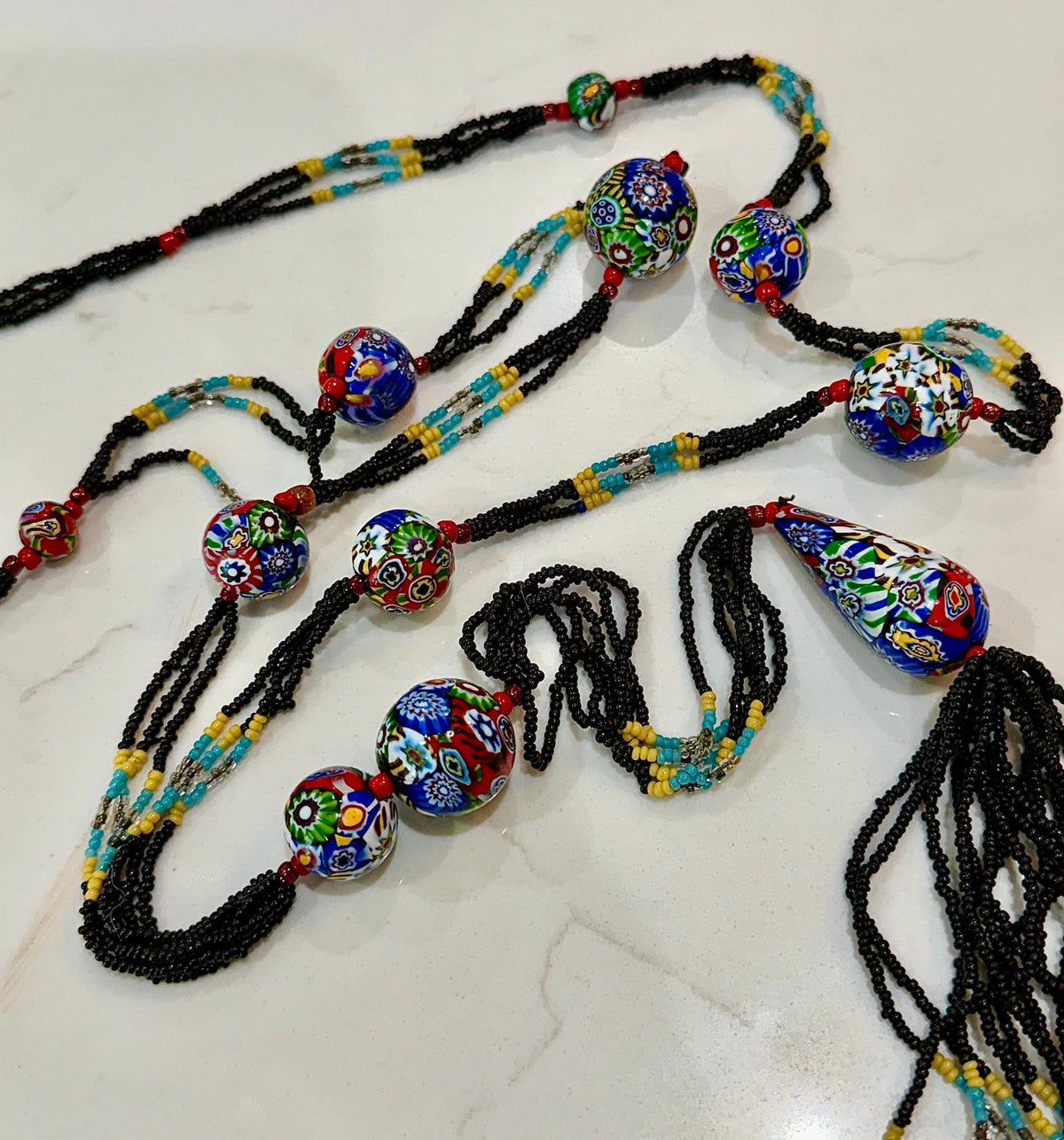 LONG Art Deco Flapper Vintage Murano Millefiori Murano Glass Beaded Necklace 34”
