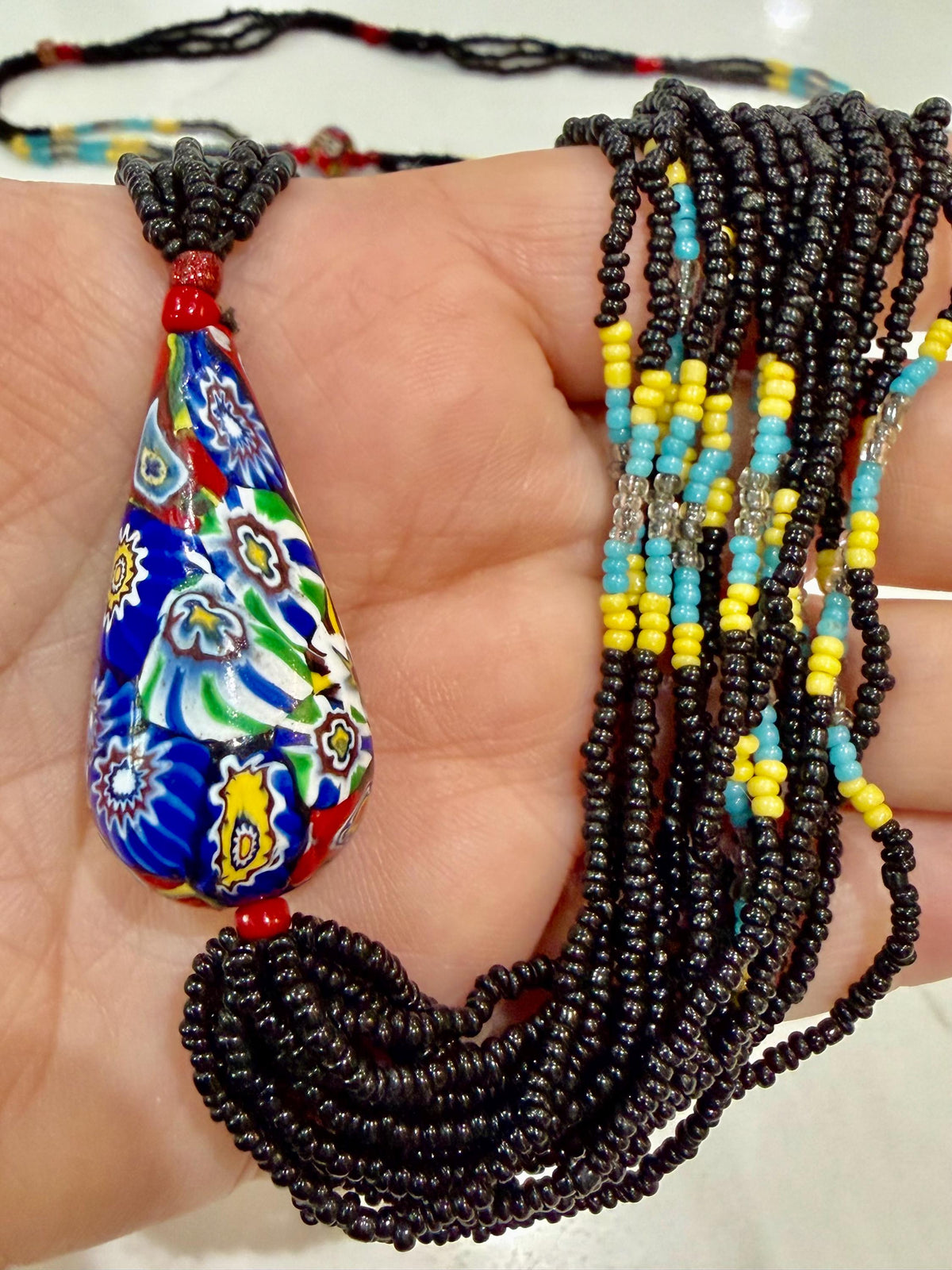 LONG Art Deco Flapper Vintage Murano Millefiori Murano Glass Beaded Necklace 34”