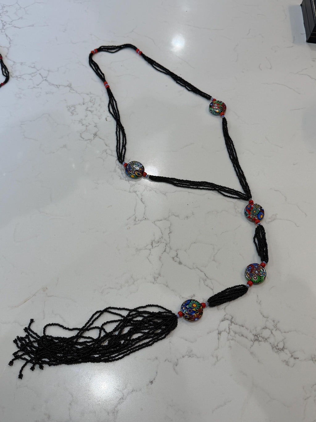 LONG Art Deco Flapper Vintage Murano Millefiori Murano Glass Beaded Necklace 34”