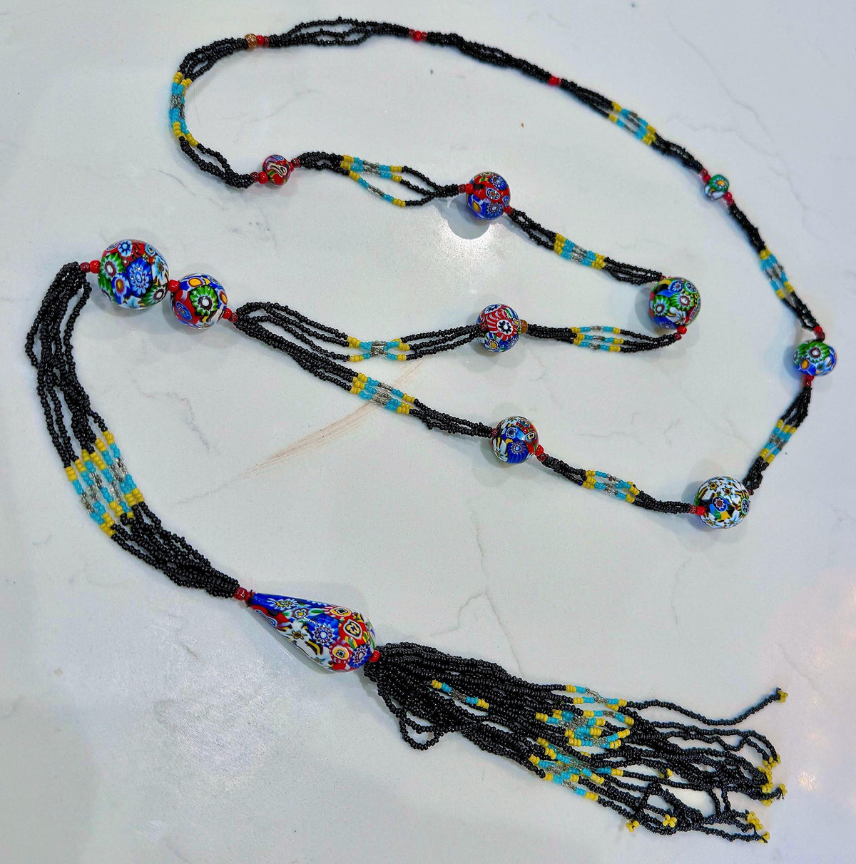 LONG Art Deco Flapper Vintage Murano Millefiori Murano Glass Beaded Necklace 34”