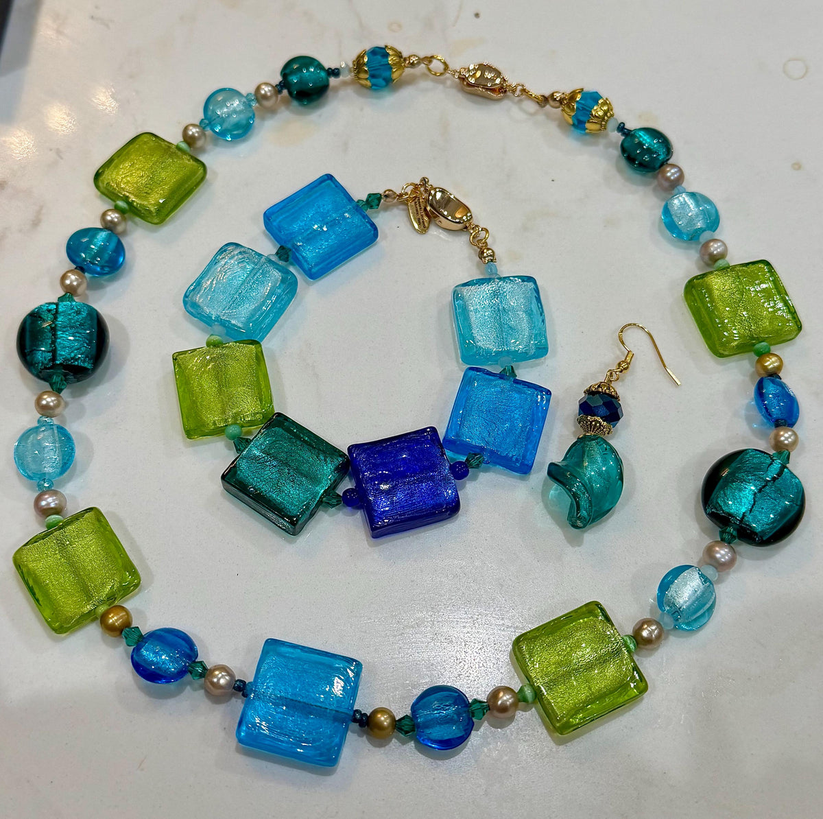 Lampwork Murano Glass Necklace: Aqua, Green, Pearl Statement Piece