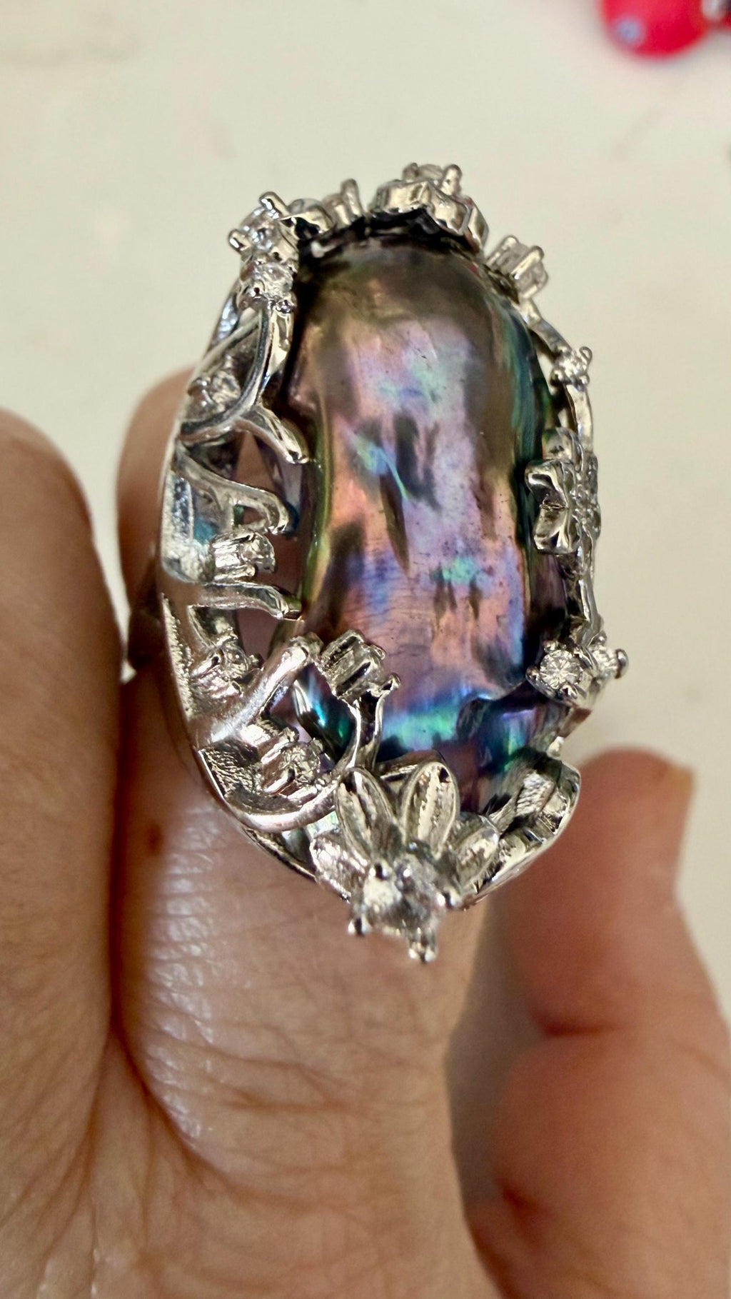 Giant Black Baroque Pearl Ring: Iridescent 14k White Gold Plated Alloy, Adjustable