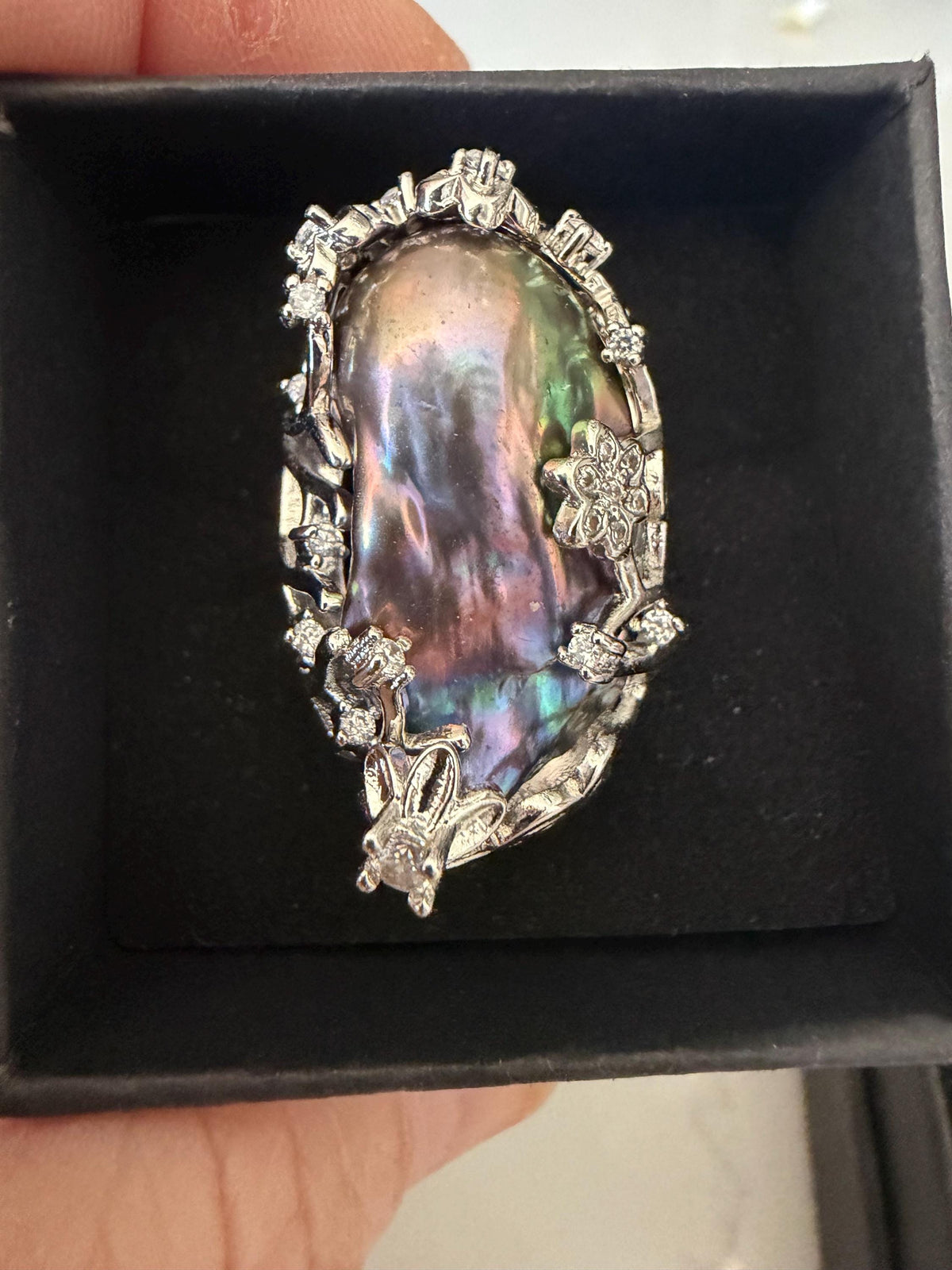 Giant Black Baroque Pearl Ring: Iridescent 14k White Gold Plated Alloy, Adjustable