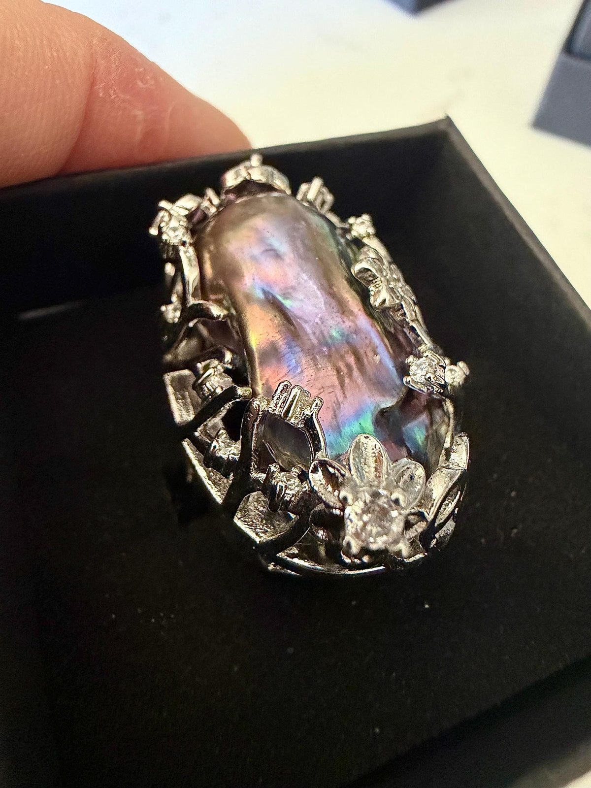 Giant Black Baroque Pearl Ring: Iridescent 14k White Gold Plated Alloy, Adjustable