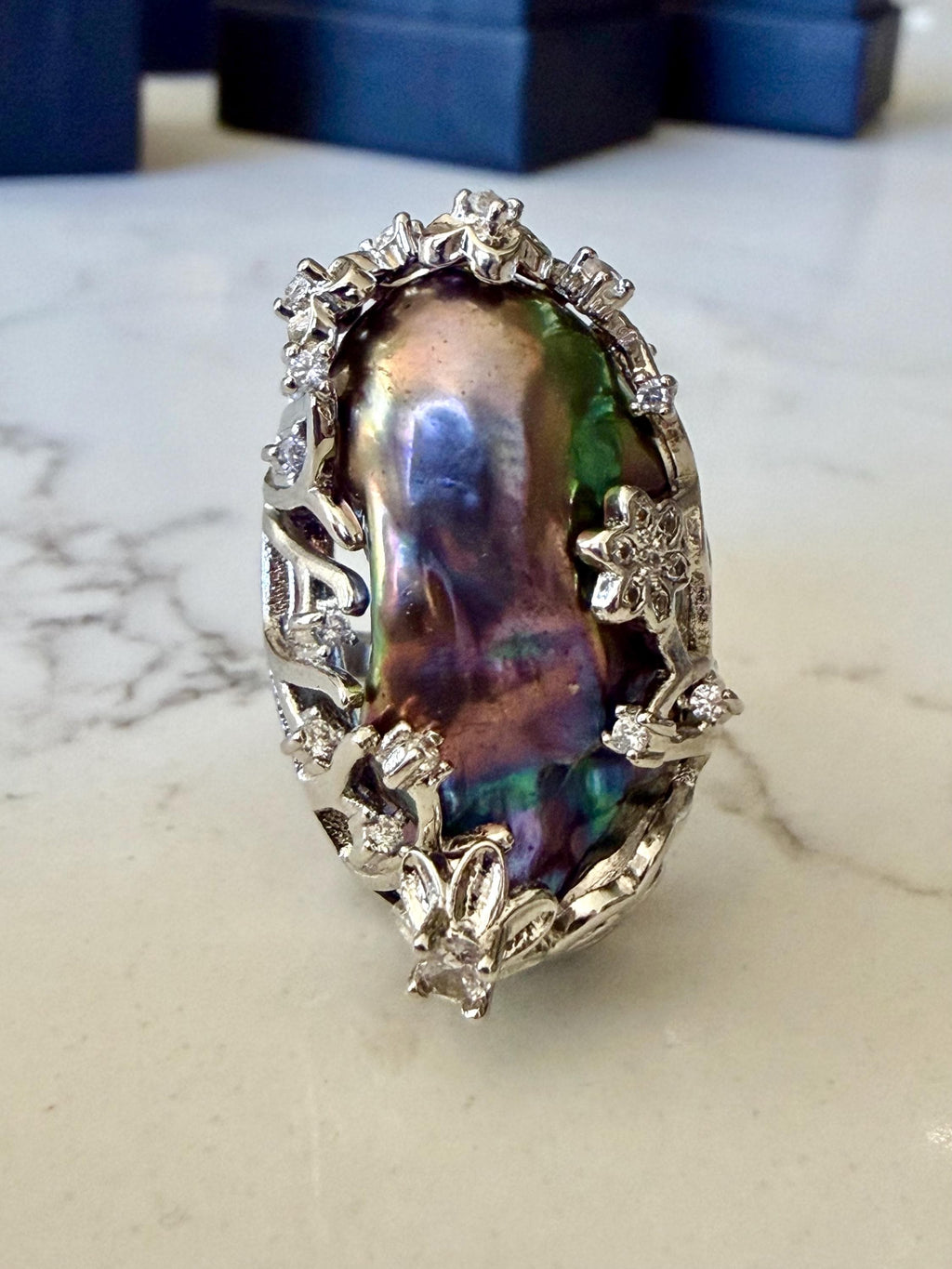 Giant Black Baroque Pearl Ring: Iridescent 14k White Gold Plated Alloy, Adjustable