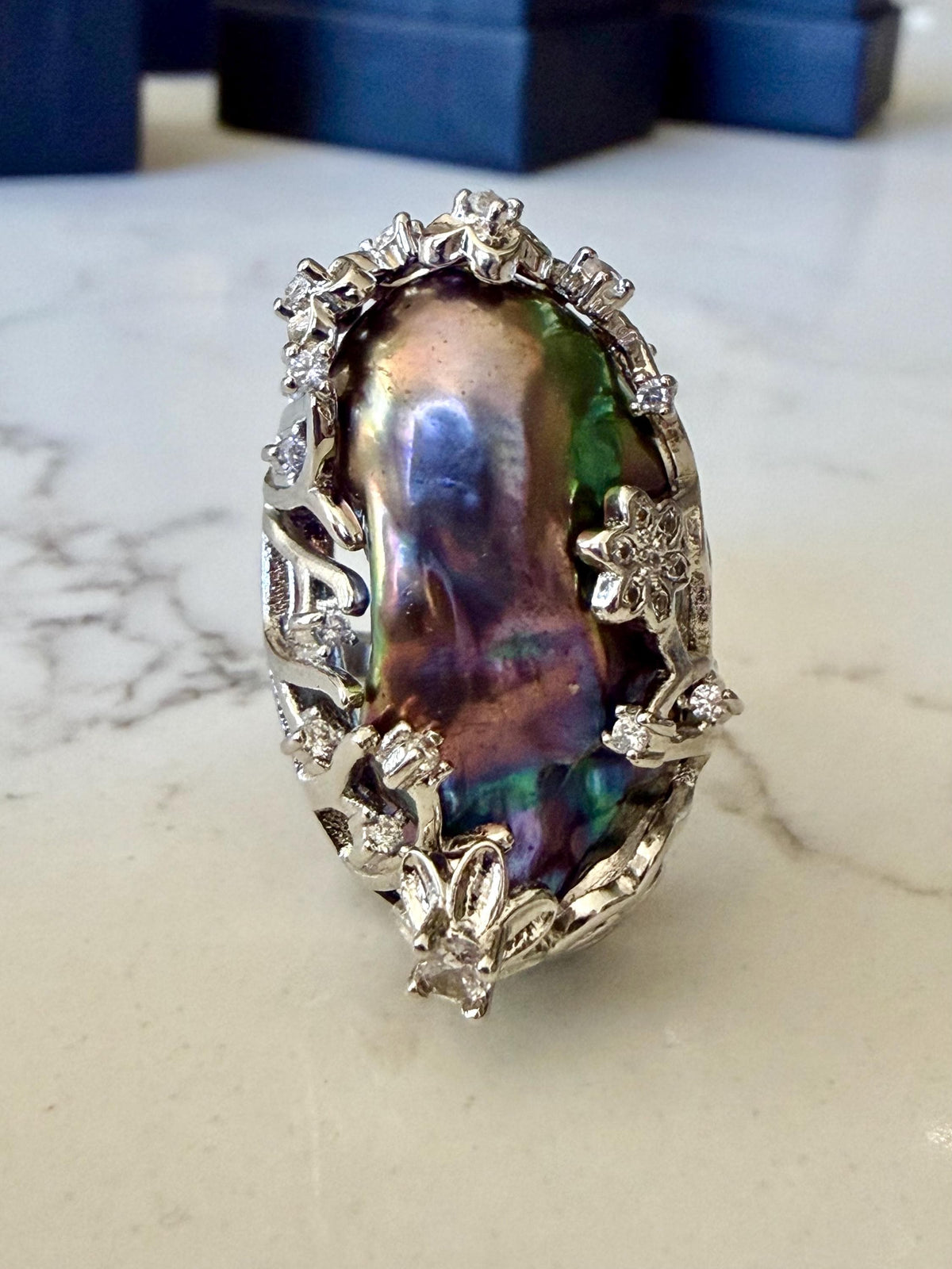 Giant Black Baroque Pearl Ring: Iridescent 14k White Gold Plated Alloy, Adjustable