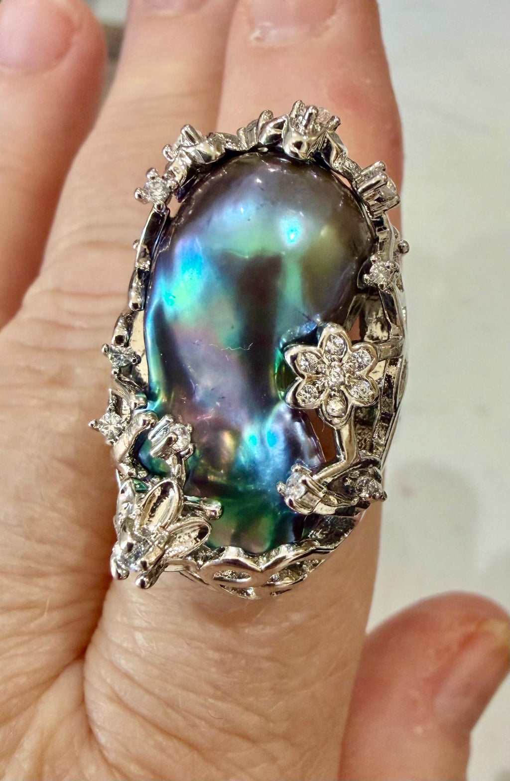 GIANT  Iridescent Cobalt Blue Pearl statement ring-choice of 2