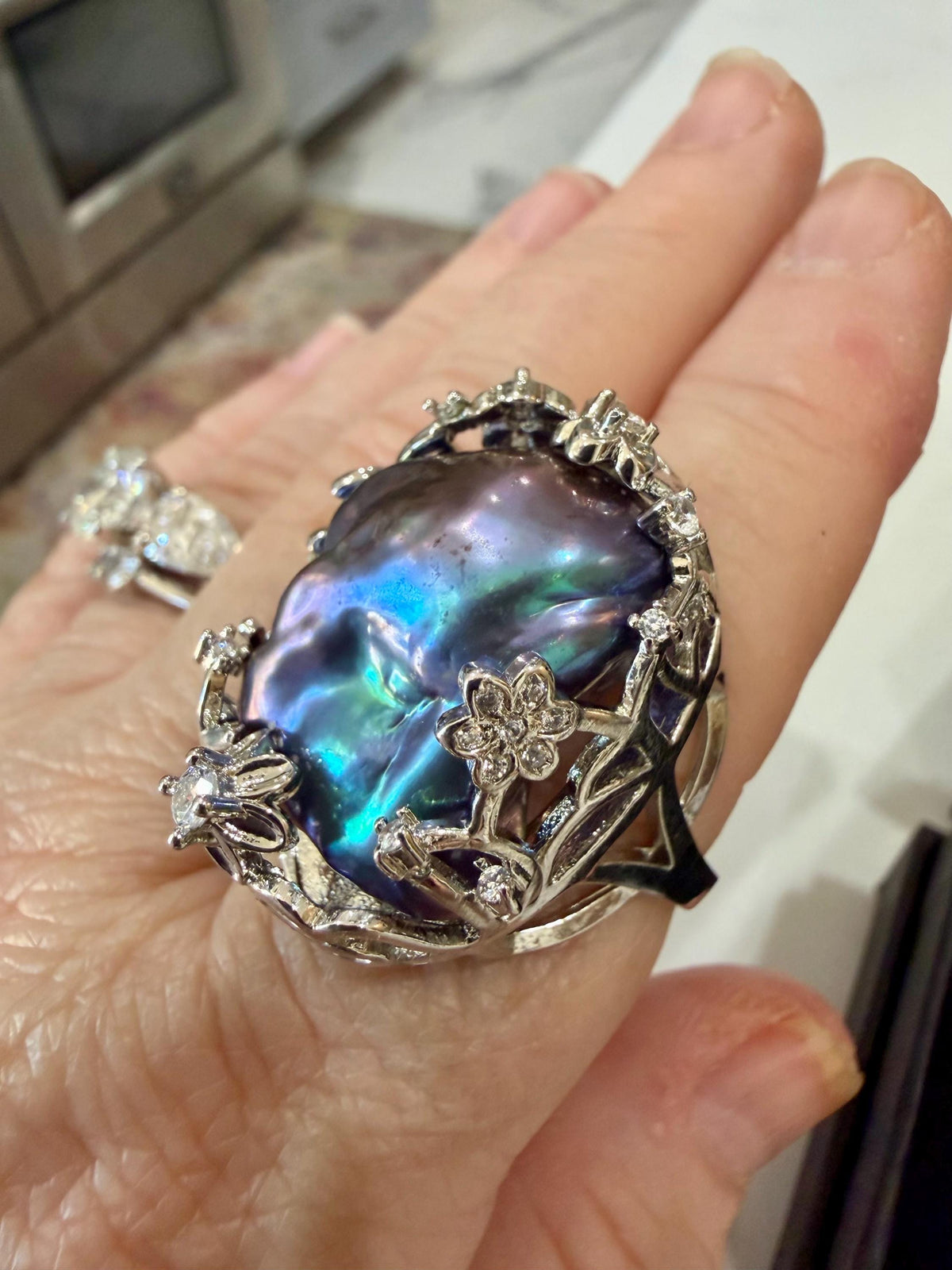 GIANT  Iridescent Cobalt Blue Pearl statement ring-choice of 2