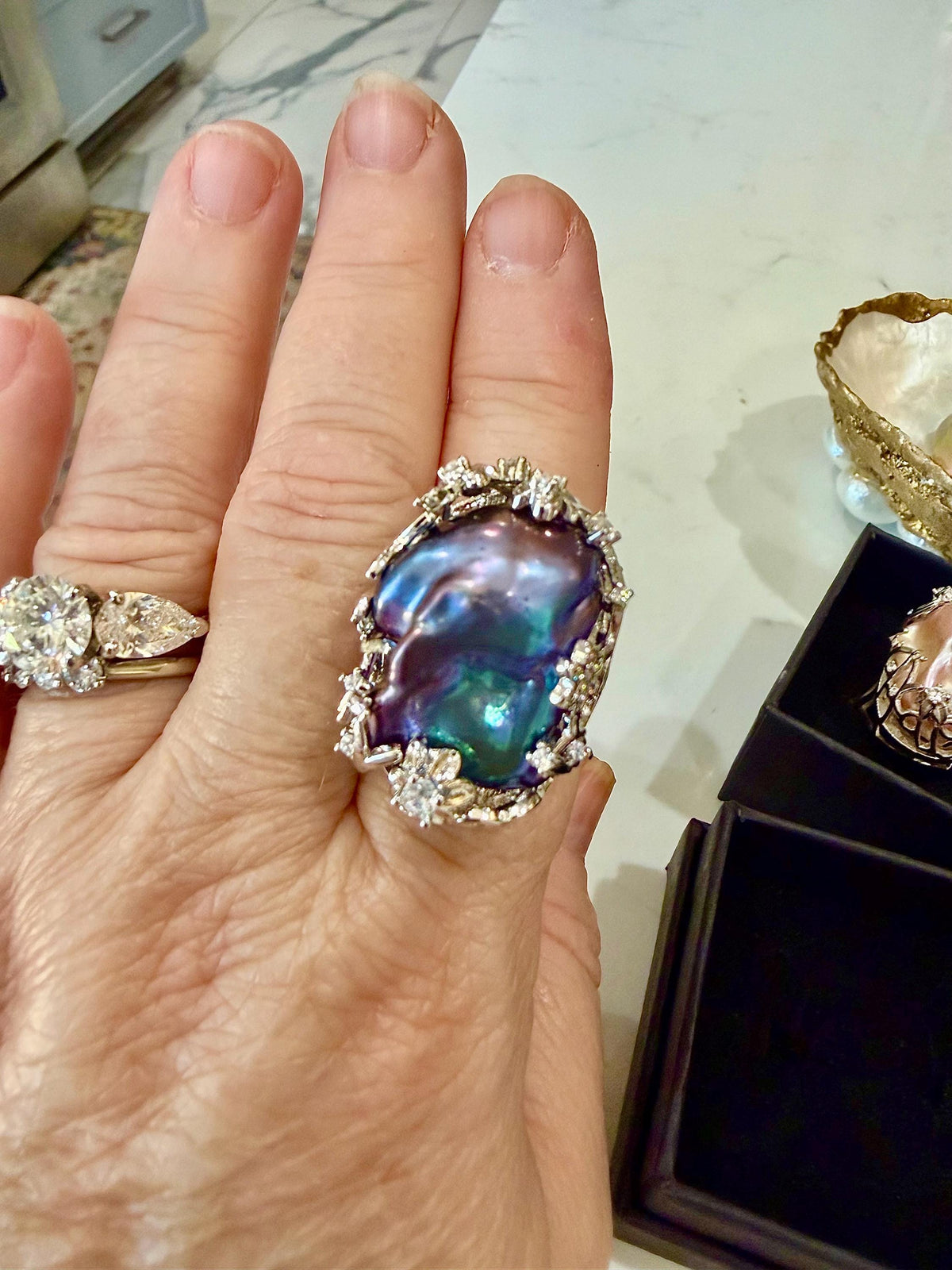 GIANT  Iridescent Cobalt Blue Pearl statement ring-choice of 2