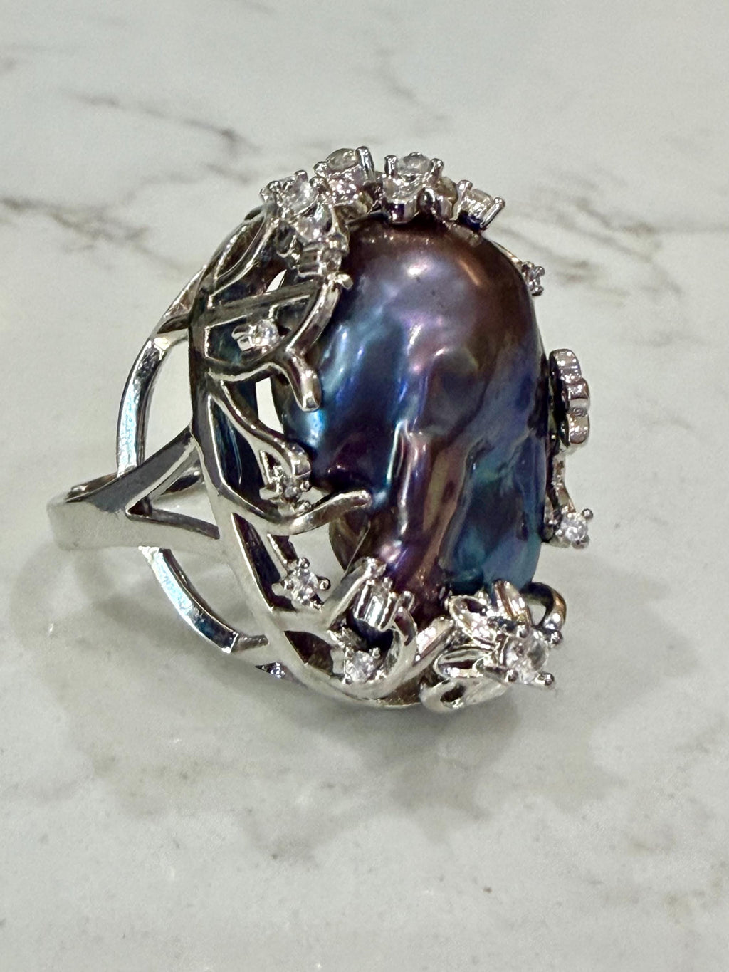 GIANT  Iridescent Cobalt Blue Pearl statement ring-choice of 2