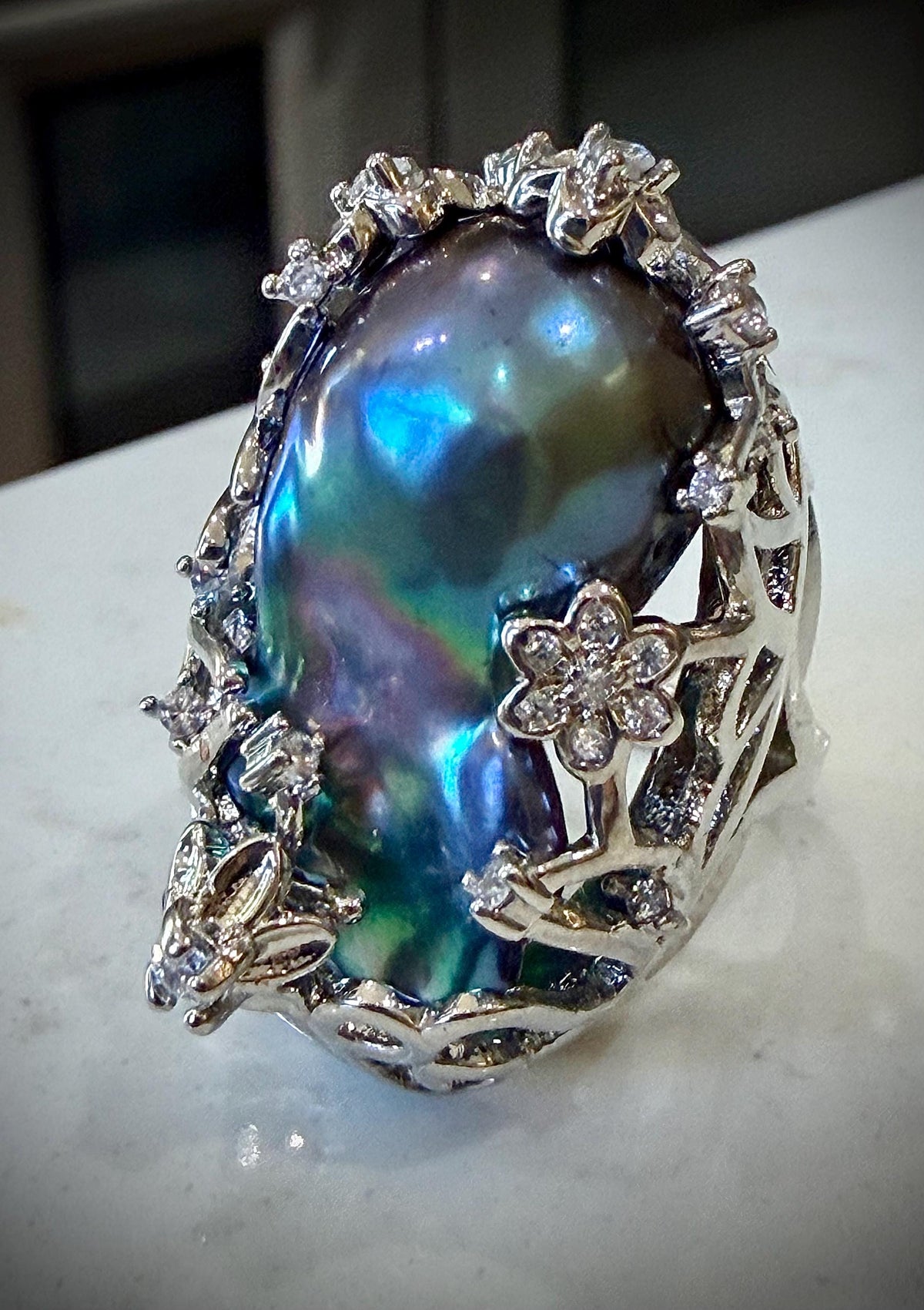 GIANT  Iridescent Cobalt Blue Pearl statement ring-choice of 2