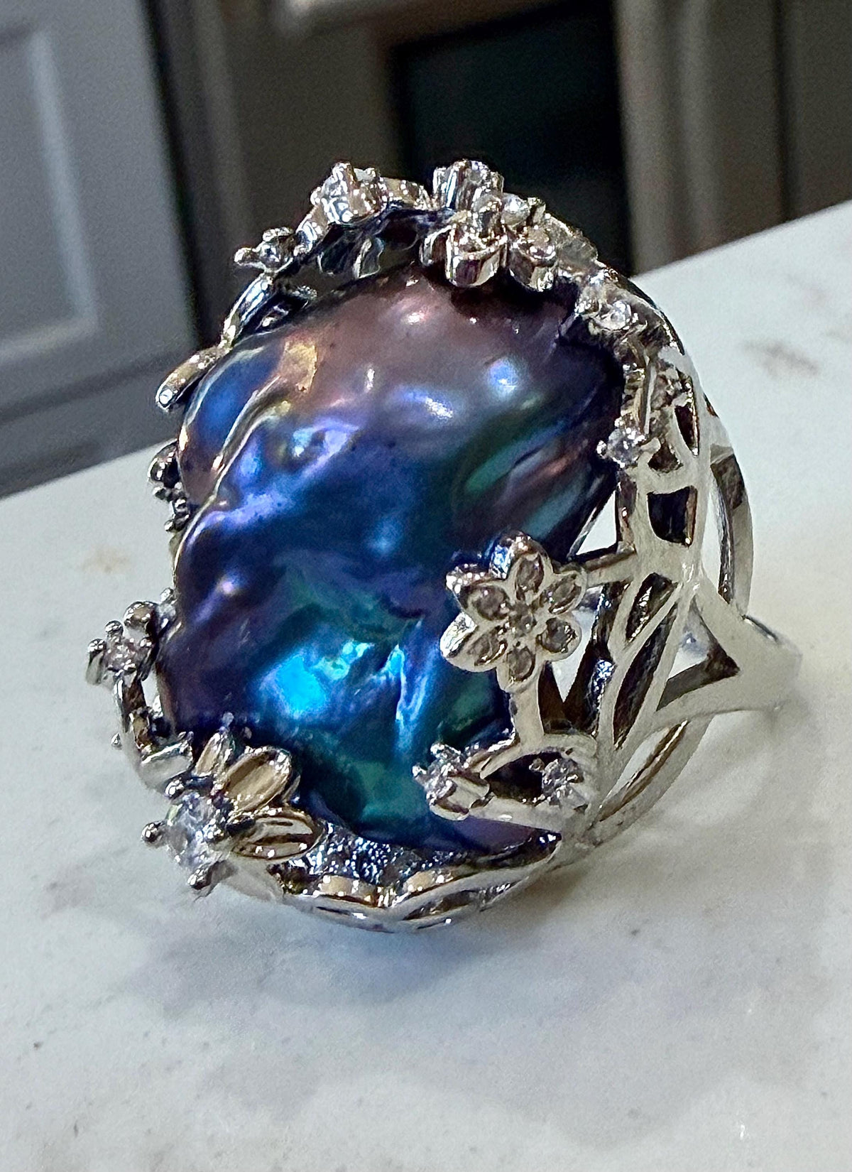 GIANT  Iridescent Cobalt Blue Pearl statement ring-choice of 2