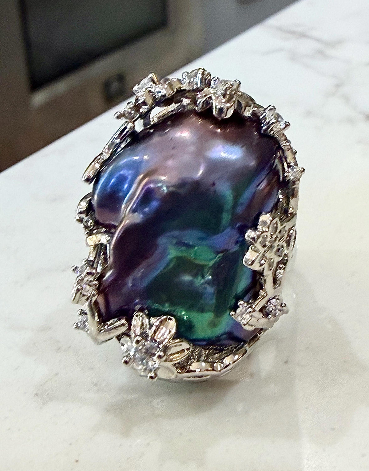 GIANT  Iridescent Cobalt Blue Pearl statement ring-choice of 2