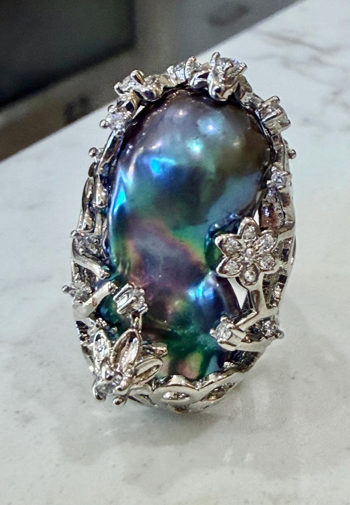 GIANT  Iridescent Cobalt Blue Pearl statement ring-choice of 2