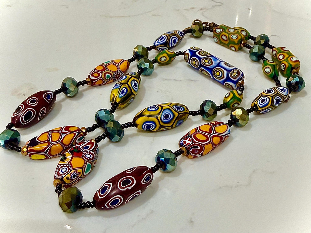 Rosario Leonardi Murano Millefiori Glass Beaded Necklace, Ercole Moretti Tabular Beads