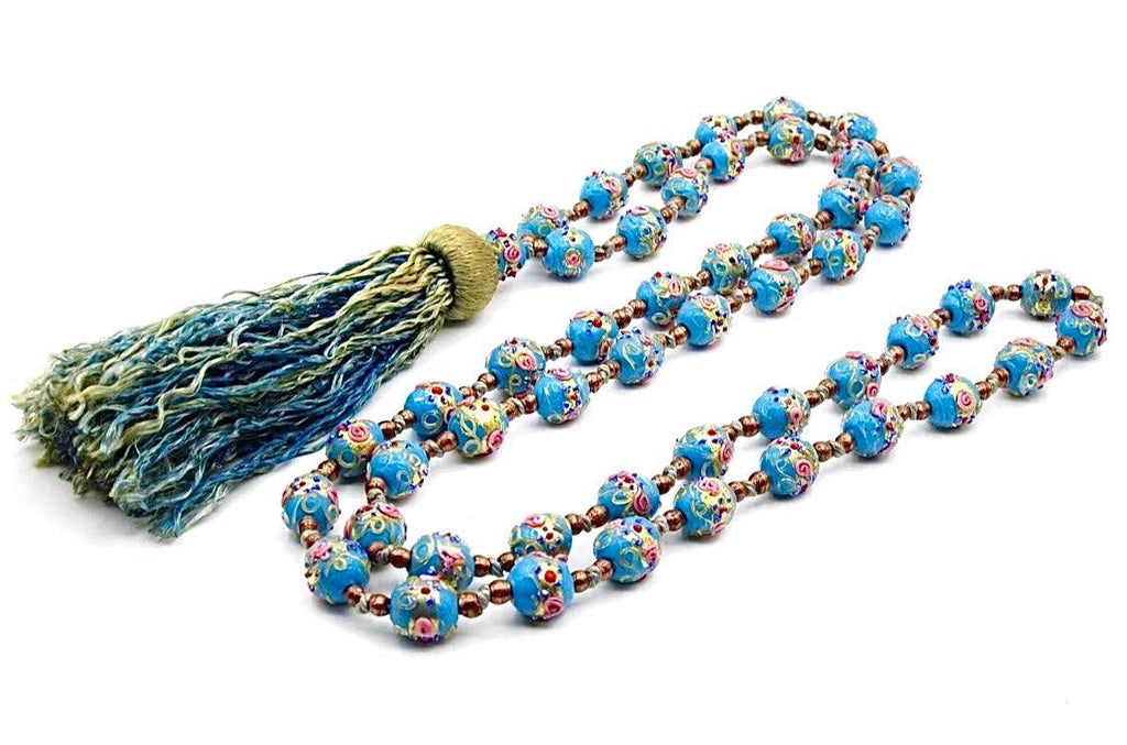 Extra Long Vintage Murano Wedding Cake Bead Necklace With Silk Tassel