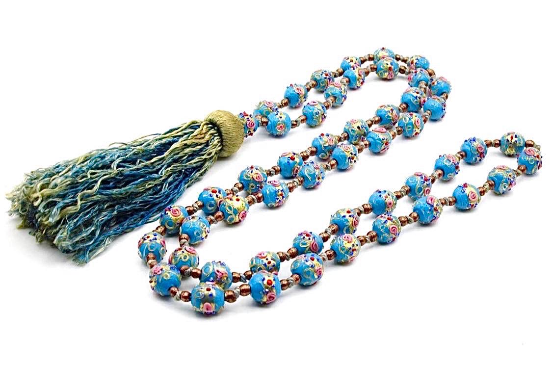 Extra Long Vintage Murano Wedding Cake Bead Necklace With Silk Tassel