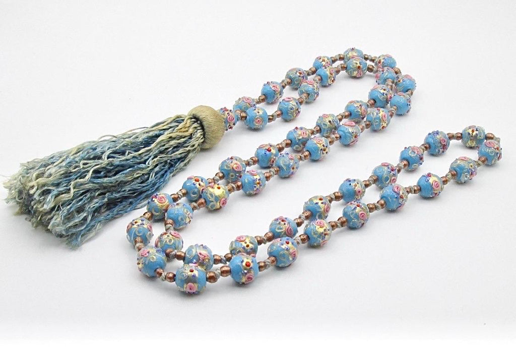 Extra Long Vintage Murano Wedding Cake Bead Necklace With Silk Tassel
