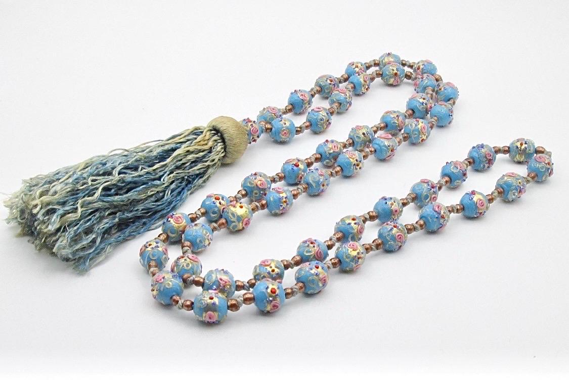 Extra Long Vintage Murano Wedding Cake Bead Necklace With Silk Tassel