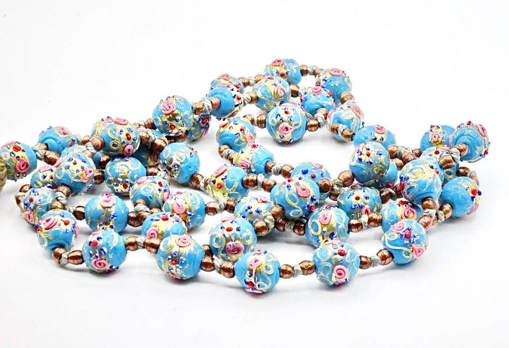 Extra Long Vintage Murano Wedding Cake Bead Necklace With Silk Tassel