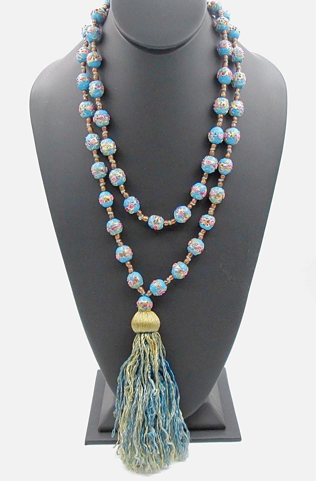 Extra Long Vintage Murano Wedding Cake Bead Necklace With Silk Tassel