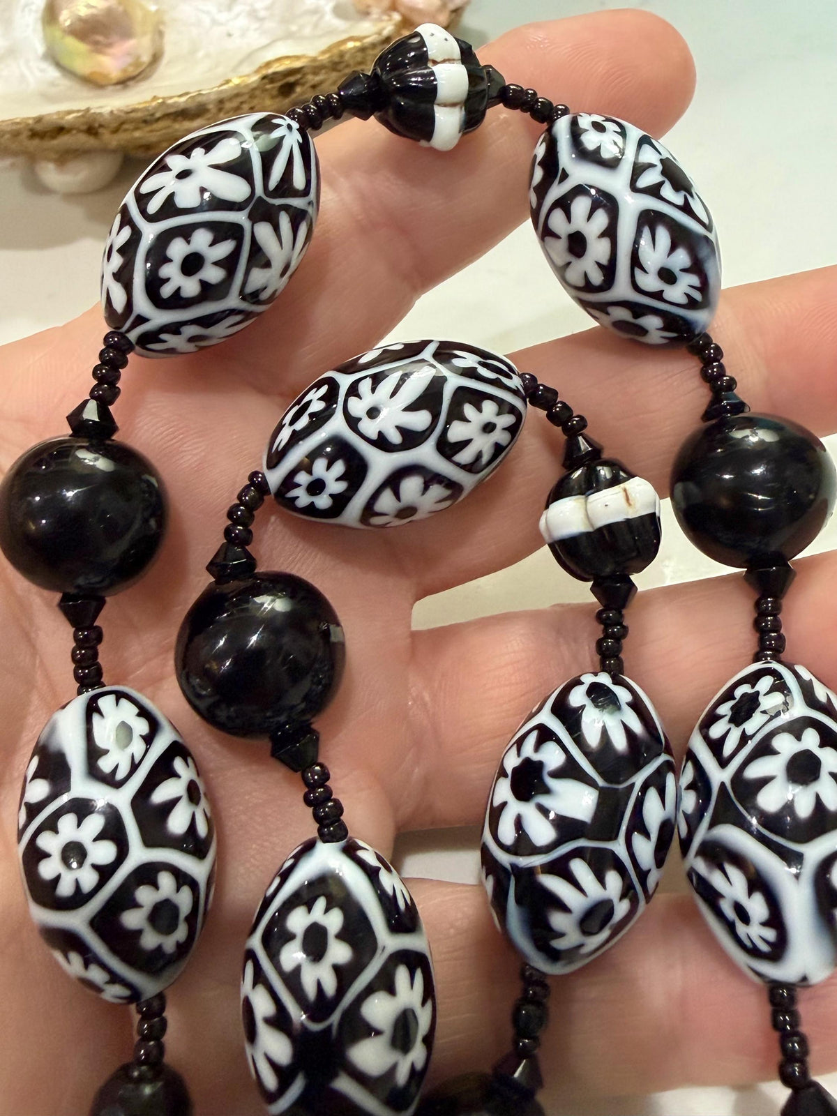 Rosario Leonardi Black White Murano Glass Necklace, Custom Ercole Moretti Beads