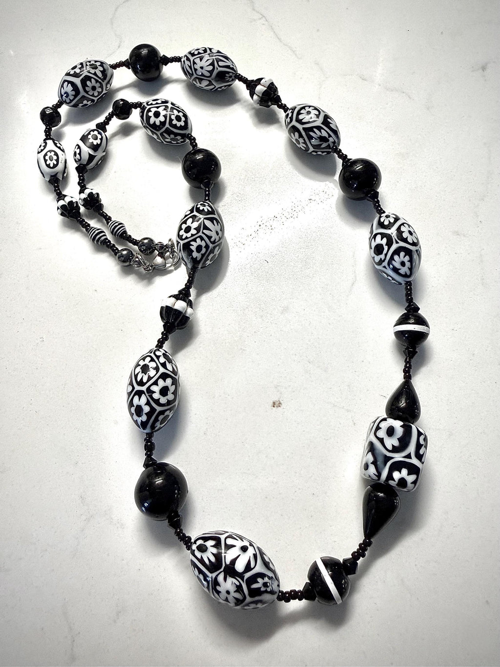 Rosario Leonardi Black White Murano Glass Necklace, Custom Ercole Moretti Beads