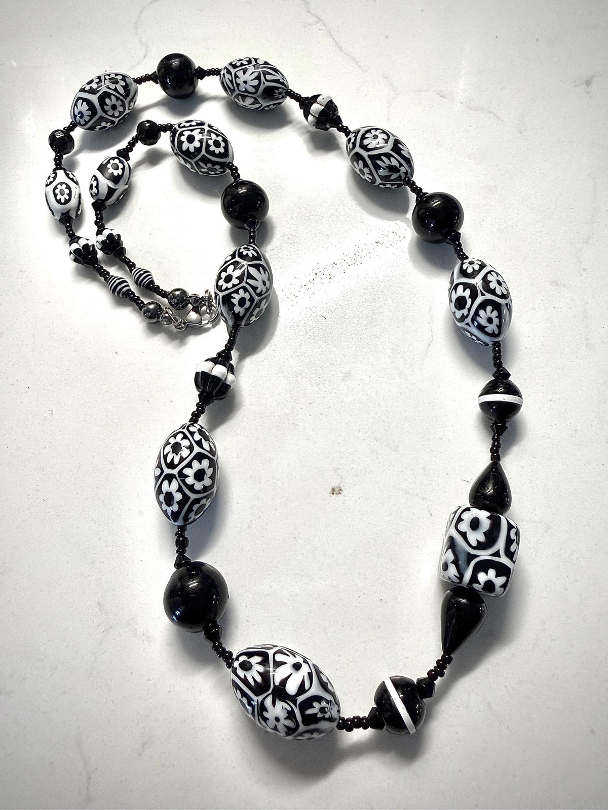 Rosario Leonardi Black White Murano Glass Necklace, Custom Ercole Moretti Beads