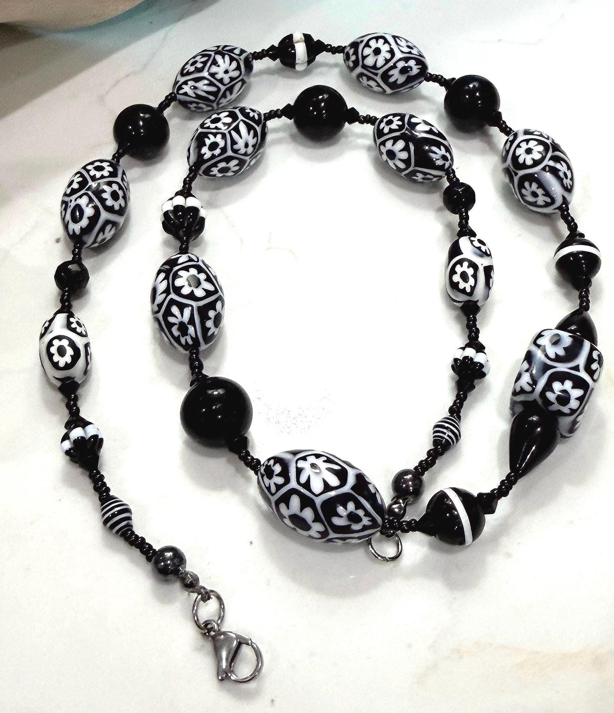Rosario Leonardi Black White Murano Glass Necklace, Custom Ercole Moretti Beads