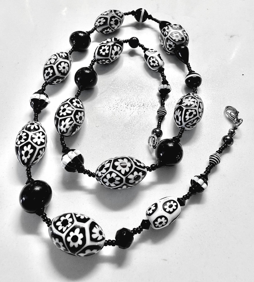 Rosario Leonardi Black White Murano Glass Necklace, Custom Ercole Moretti Beads