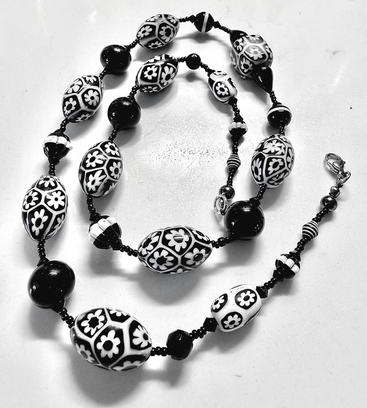 Rosario Leonardi Black White Murano Glass Necklace, Custom Ercole Moretti Beads