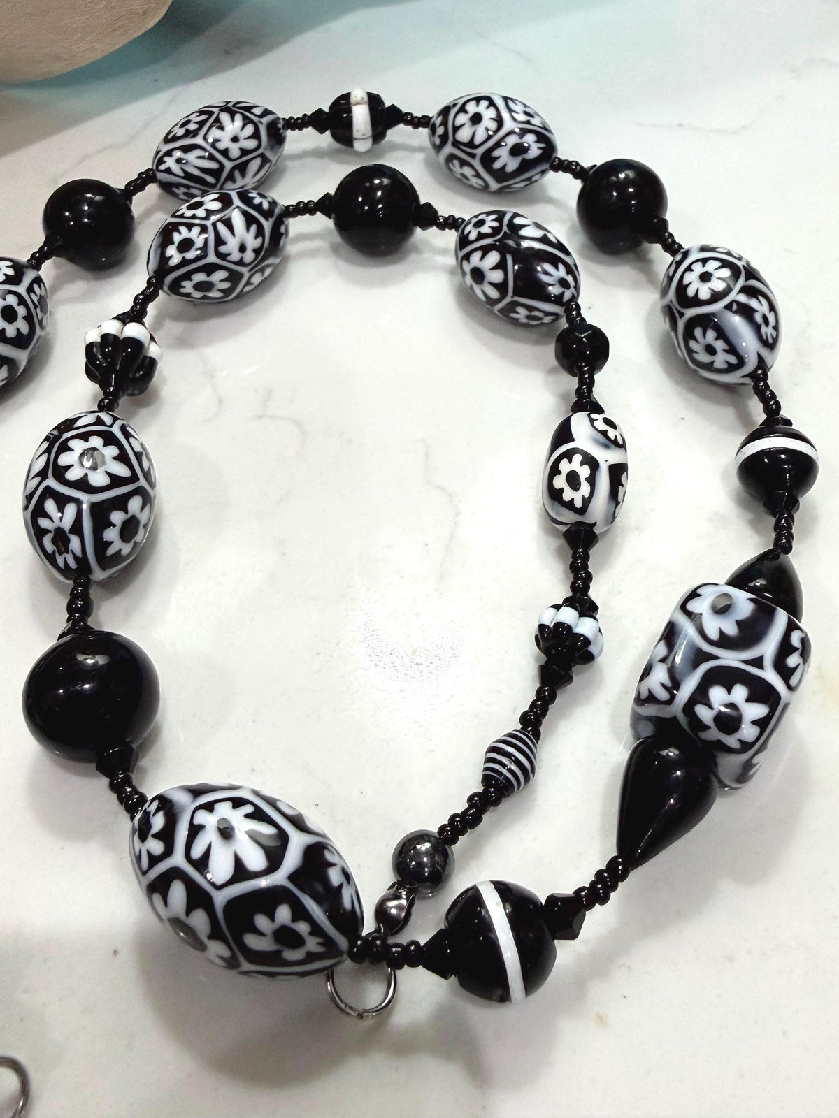 Rosario Leonardi Black White Murano Glass Necklace, Custom Ercole Moretti Beads