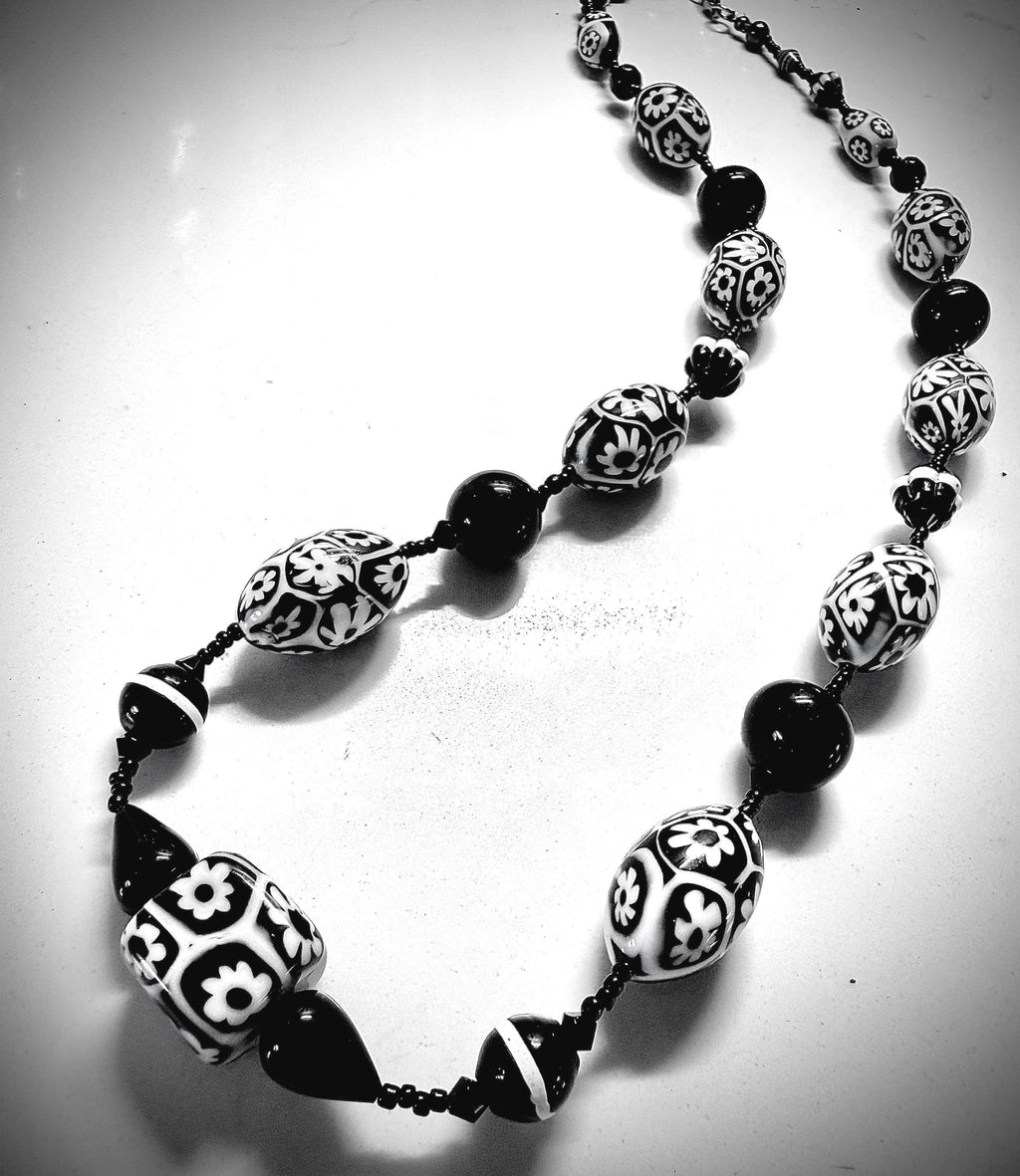 Rosario Leonardi Black White Murano Glass Necklace, Custom Ercole Moretti Beads