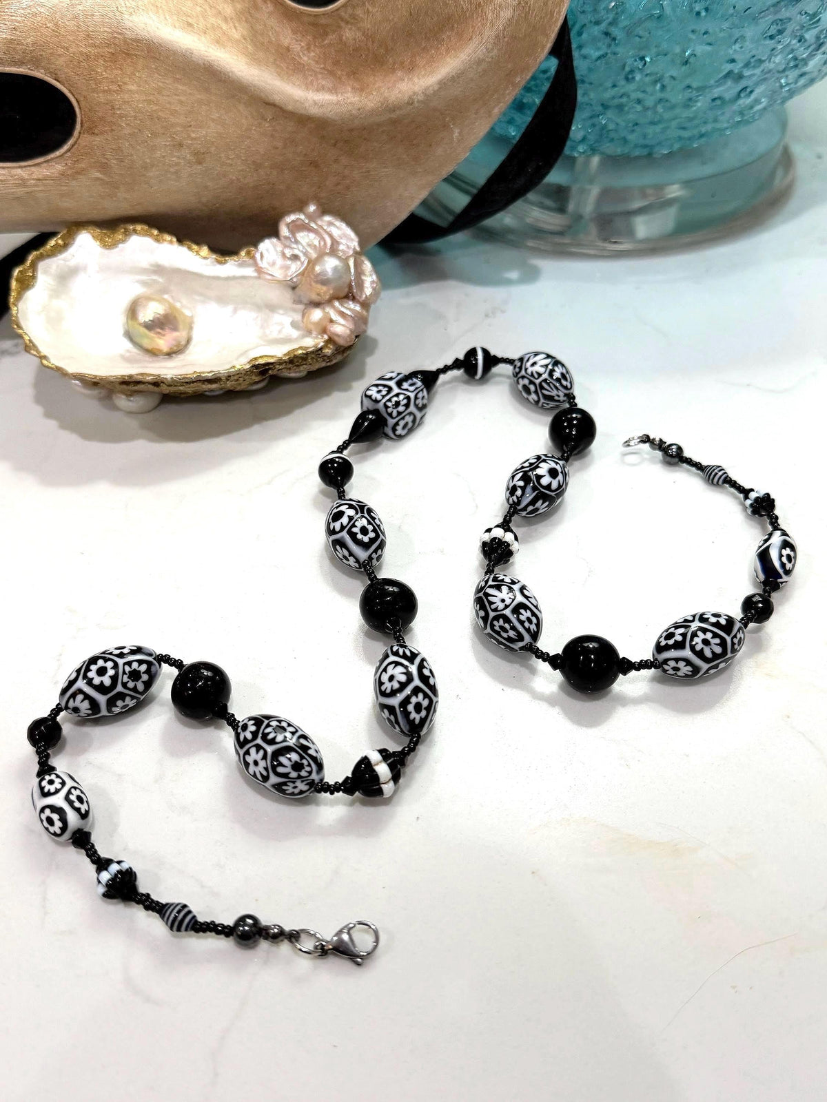 Rosario Leonardi Black White Murano Glass Necklace, Custom Ercole Moretti Beads