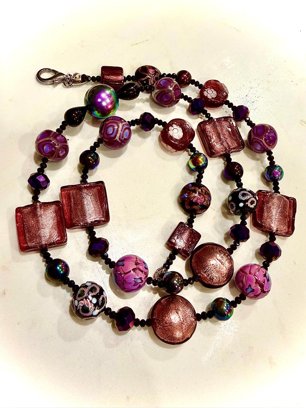 Rosario Leonardi Murano Glass Necklace: Iridescent Lavender, Pink Special Order Beads