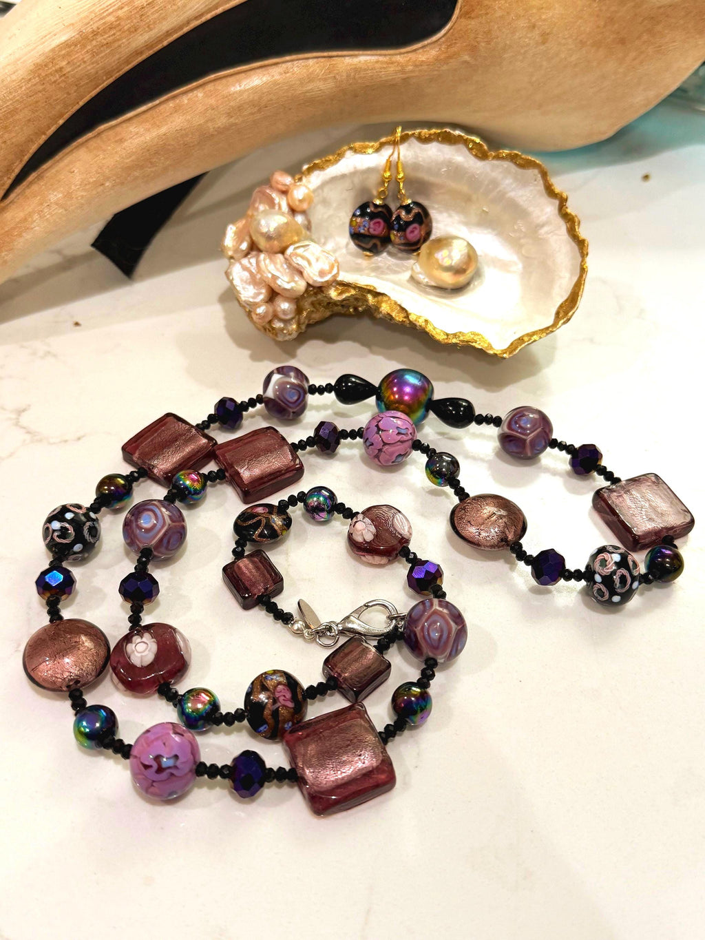 Rosario Leonardi Murano Glass Necklace: Iridescent Lavender, Pink Special Order Beads