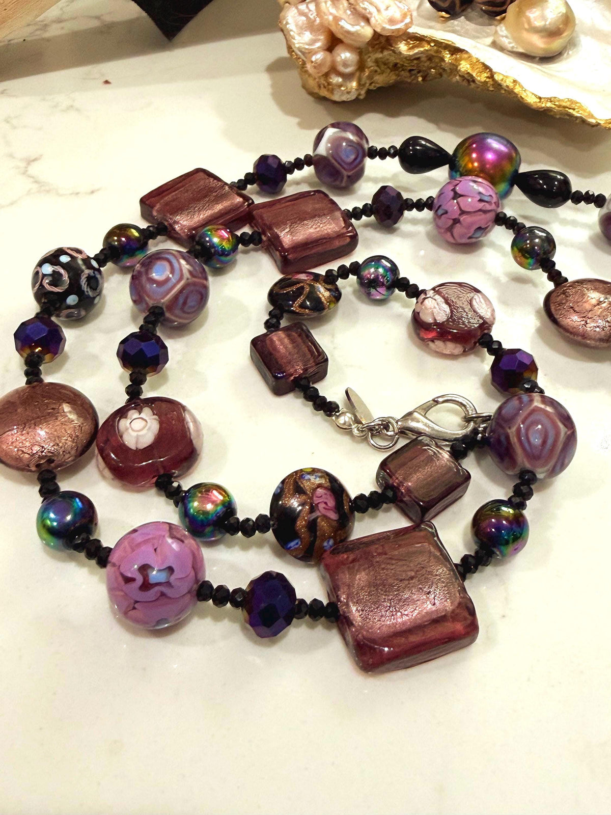 Rosario Leonardi Murano Glass Necklace: Iridescent Lavender, Pink Special Order Beads