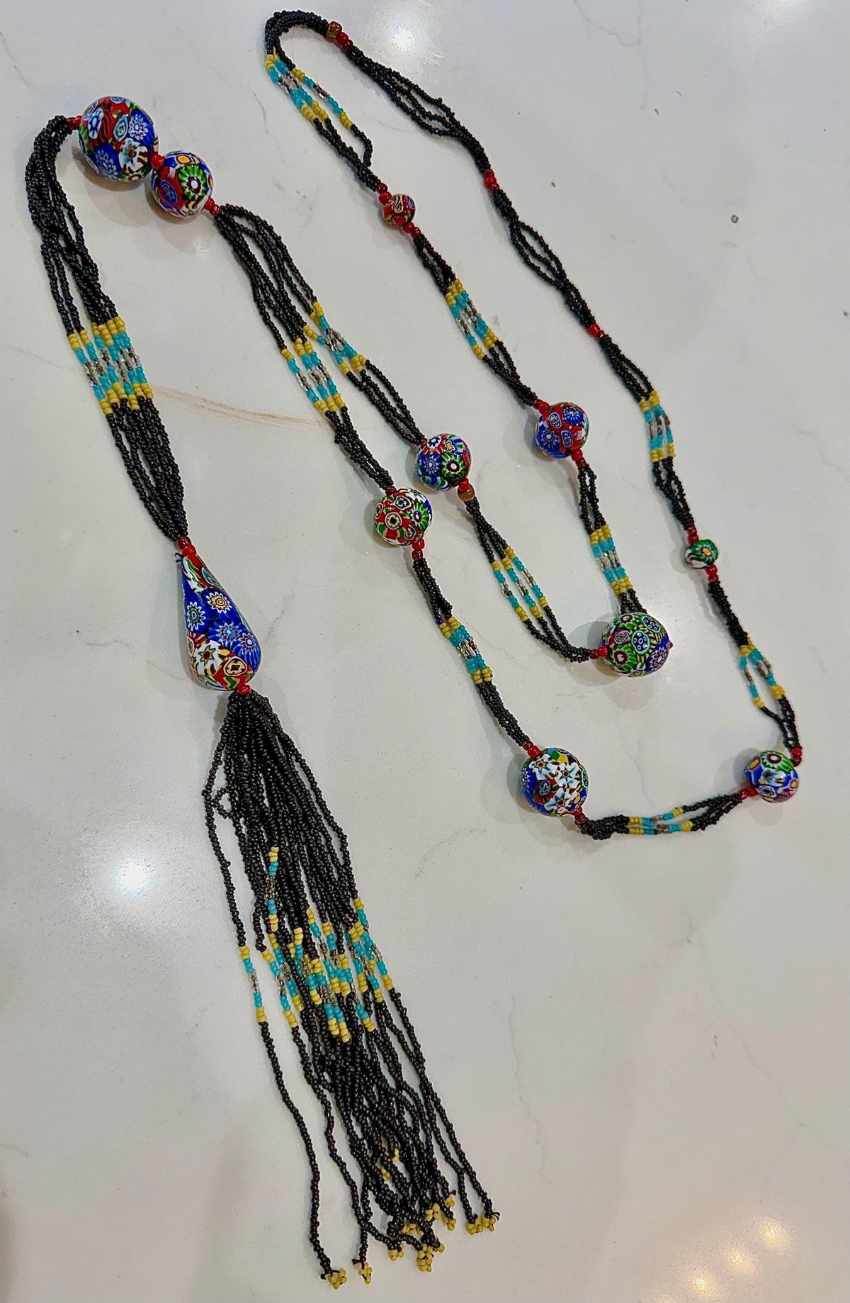 LONG Art Deco Flapper Vintage Murano Millefiori Murano Glass Beaded Necklace 34”